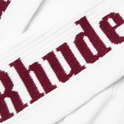 Rhude Logo Sock - White/Maroon -Feature Clothing Rhude Logo Sock White Maroon RHFW22SO040705000500 09 08 22 Feature VR